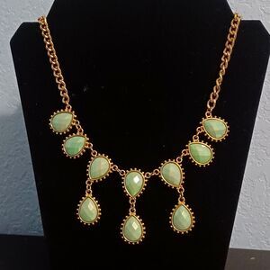 Golden-Toned, Opaline Mint Droplet Resin Stone Necklace, 18"